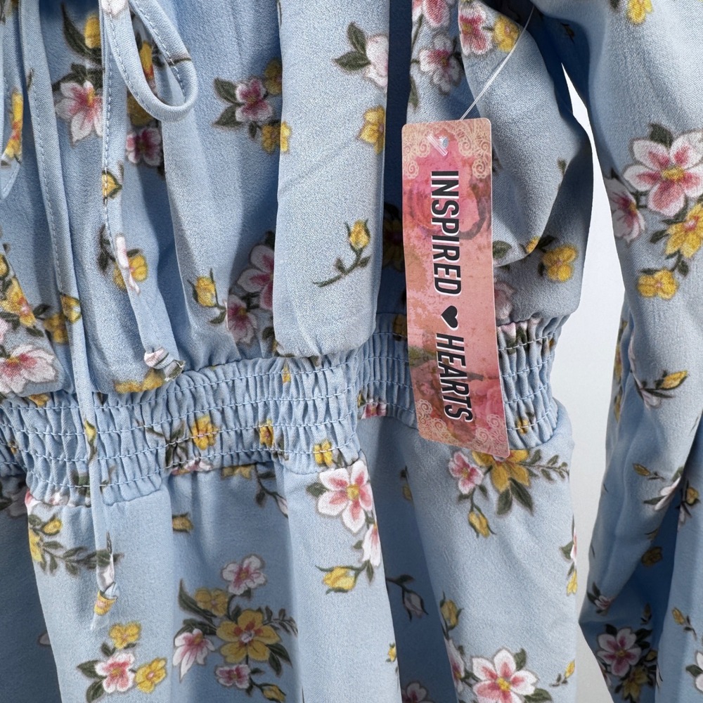 Inspired Hearts Blue Floral Long Sleeve Romper Dress Smocked Tie Women's Size L - Picture 11 of 11